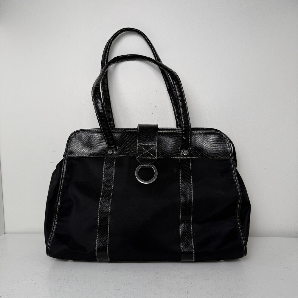 Y2K Black Nylon Laptop Tote Bag Snake Embossed Trim Burgundy Work Shoulder